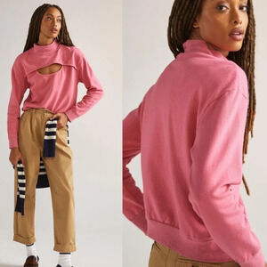 Anthropologie T.La Cut-Out  Funnel Neck Sweatshirt Pink